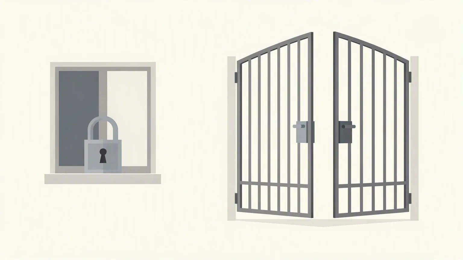 A locked front window beside an open back gate